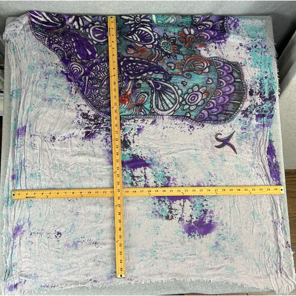 Blue Pacific Scarf Purple Teal Elephant Print Cashmere Silk Blend Bohemian Artsy